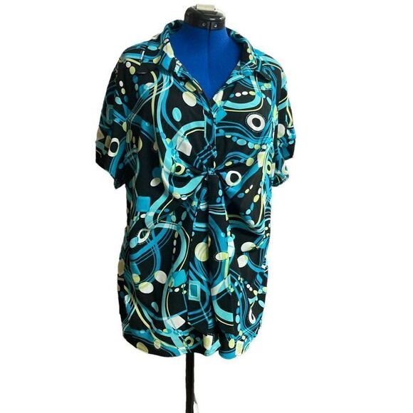 BLUE DIAMOND PLUS Stretch Geometric design Black Blue Green White Top 3X - Picture 1 of 10